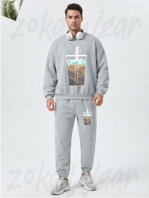 Zoka Wear Iced Coffee Waves Baskılı Gri Eşofman Takımı
