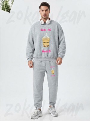 Zoka Wear Bubble Tea -Suck My Balls Baskılı Gri Eşofman Takımı