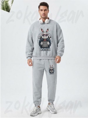 Zoka Wear Rock And Roll Rocker Tavsan Black Metal V2 Baskılı Gri Eşofman Takımı