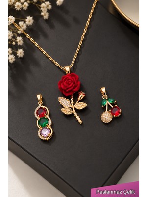 Trend Collection Değiştirilebilir Kolye Uçlu Gold Çelik Kolye Set – 3’lü Kadın Kolye