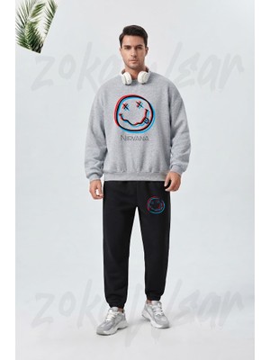 Zoka Wear Nirvana Kadin Baskılı Gri Siyah Eşofman Takımı