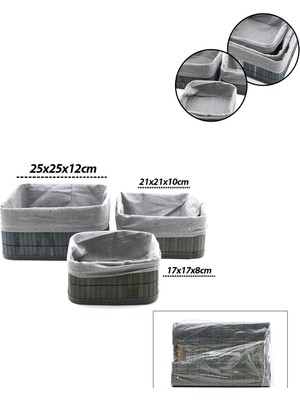Diyar-ı Fırsat Diyarı Fırsat Kare Organizer Sepet Gri Kumaş Bambu Kenarlı Ahşap Tabanlı 3 Boy 17X21X25 cm