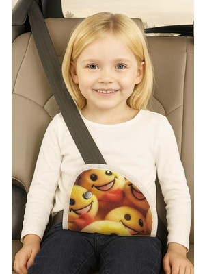 Emoji Desenli Seatbelt Yastığı, Çocuklar Için Emniyet Kemeri Koruyucu, Sarı ve Kırmızı Renkte, Beyaz Kenar Şeritli, Kaymaz Iç Yüzey, 4mm Süngerli, Boyun Kesme Önleyici