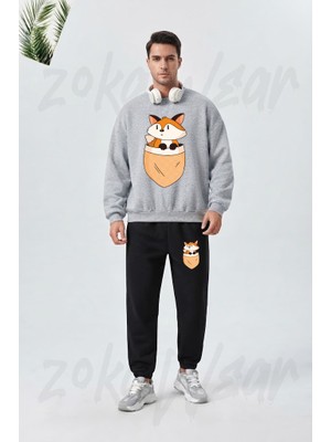 Zoka Wear Cep Tilki Tasarim Baskılı Gri Siyah Eşofman Takımı