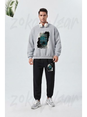Zoka Wear Sorf Surfing Baskılı Gri Siyah Eşofman Takımı