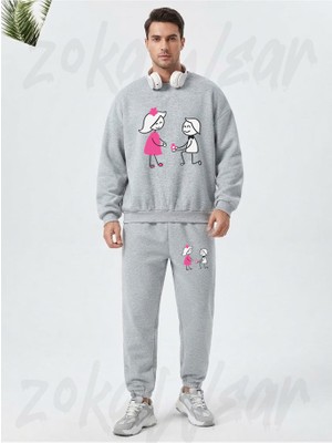 Zoka Wear Evlilik Teklifi Temali Sevgili Baskılı Gri Eşofman Takımı