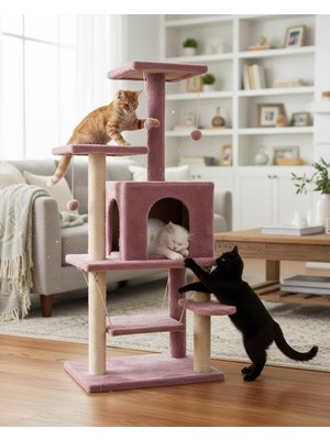 Pet Salıncaklı Yuvalı Lüx Kedi Tırmalama Oyun Evi Gül Kurusu