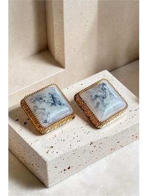 Dore Collection Vintage Kare Doğaltaş Efektli Gold Klipsli Küpe – Antik Çerçeve Mermer-Kehribar-Aquamarin Desenli K