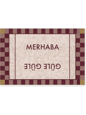 Merhaba Güle Güle Damalı Kapı Paspası, Kaymaz Kauçuk Taban, Makinede Yıkanabilir, Dijital Baskılı Kapı Önü ve Antre Paspası, Bordo, 60X90 cm