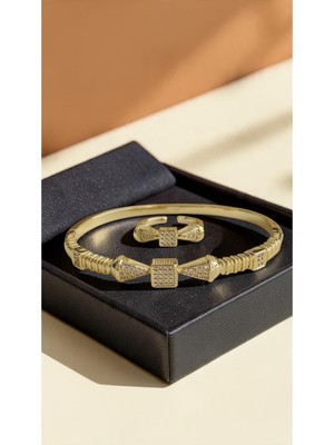 Dore Collection Marka Model Premium Çelik Ikili Kelepçe Yüzük Takı Seti