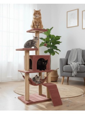 Pet B-07 Hamaklı Yuvalı Lüks Kedi Tırmalama Oyun Evi Gül Kurusu