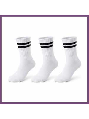 Bezos Unisex Beyaz Çorap Siyah Çizgili 3'lü Set Uzun Soket Günlük Spor Kolej Stil Rahat Kadın Erkek Çorabı Gambera1