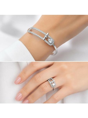 Dore Collection Premium Çelik Taşlı Ikonik Kelepçe Bilezik ve Ayarlanabilir Yüzük Ikili Takı Seti