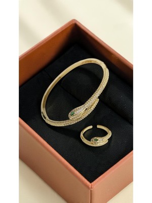 Dore Collection Marka Model Premium Çelik Yeşim Gözlü Yılan Figürlü Zirkon Taşlı Ikili Kelepçe Yüzük Takı Seti