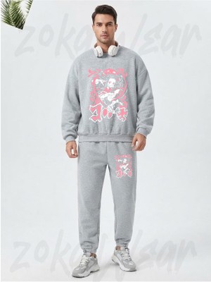 Zoka Wear Nezuko Tasarim Baski Baskılı Gri Eşofman Takımı