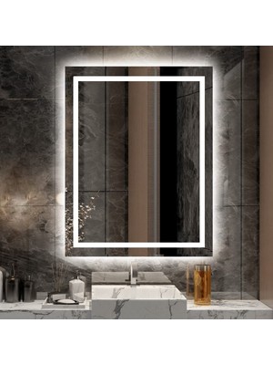 Nuun Dekor 80X60 LED Işıklı Kumlamalı Banyo Lavabo Makyaj Ofis Kuaför Aynası Trafolu Prizli Şık Tasarım