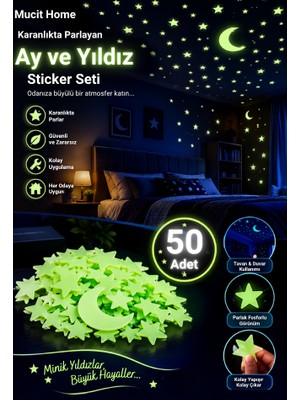 Mucit Home 50 Yıldız 1 Ay Fosforlu Duvar Süsü Renkli Yıldızlı Gece Parlayan