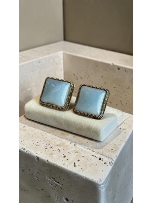 Dore Collection Vintage Kare Doğaltaş Efektli Gold Klipsli Küpe – Antik Çerçeve Mermer-Kehribar-Aquamarin Desenli K