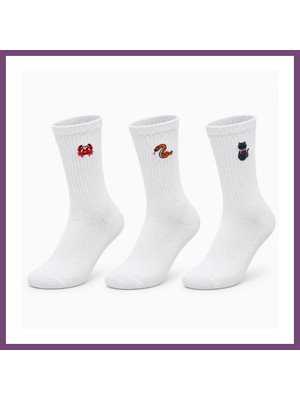 Bezos Unisex Çorap Beyaz Hayvan Nakışlı 3'lü Set Yengeç Yılan Kedi Desenli Uzun Soket Günlük Spor Çorabı Gambera1