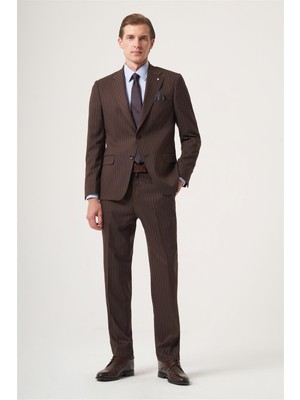 İmza Kahverengi Mono Yaka Çizgili 6 Drop Slim Fit Tam Astar Esnek Takım Elbise 1001260149
