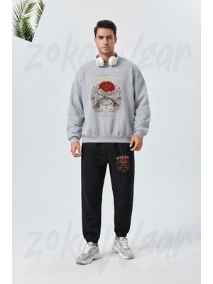 Zoka Wear Tunalya Rock Ozgur Ronknroll Baskılı Gri Siyah Eşofman Takımı