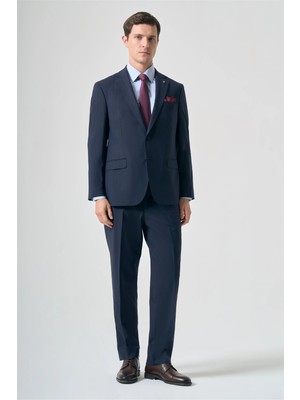 İmza Lacivert Mono Yaka Çizgili 4 Drop Comfort Fit Tam Astar Yünlü Takım Elbise 1001265155