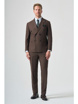 İmza Kahverengi Kırlangıç Yaka Çizgili Kruvaze 6 Drop Slim Fit Tam Astar Esnek Takım Elbise 1001265152