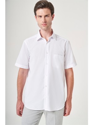İmza Beyaz Sert Yaka Kısa Kol Comfort Fit Pamuklu Gömlek 1004260906