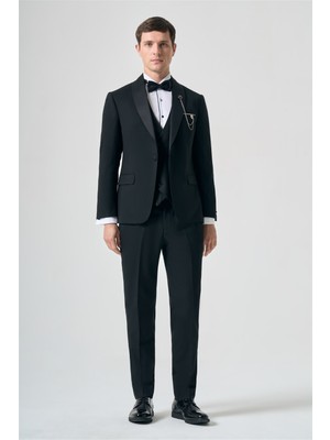 İmza Siyah Kırlangıç Yaka Yelekli 6 Drop Slim Fit Esnek Takım Elbise 1001260306