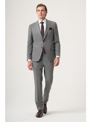 İmza Gri Mono Yaka Çizgili 6 Drop Slim Fit Tam Astar Esnek Takım Elbise 1001260149