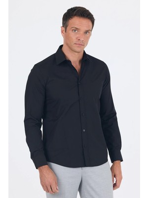 İmza Siyah Sert Yaka Uzun Kol Slim Fit Pamuklu Gömlek 1004265057