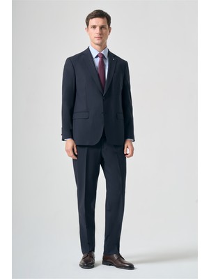 İmza Lacivert Mono Yaka Çizgili 4 Drop Comfort Fit Tam Astar Yünlü Takım Elbise 1001265155