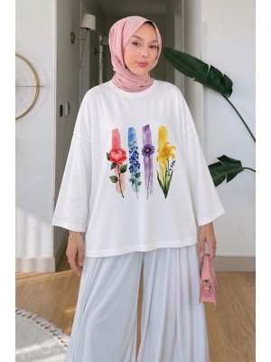 Tesettür Diyarı Çiçek Baskılı Tesettür Tunik- Beyaz