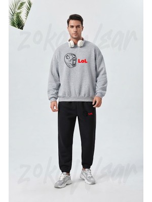 Zoka Wear Komik Kisa Kollu Baskılı Gri Siyah Eşofman Takımı