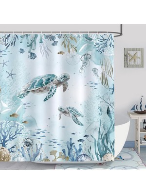 Odea Tr Duş Perdesi Deniz Kaplumbağası Mavi Okyanus Plaj Sahil Duş Perdeleri 180 x 180 cm Küf Tutmaz Su Geçirmez Polyester Kumaş Yıkanabilir Banyo Perdesi 12 Kancalı Banyo Perdesi