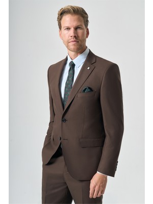 İmza Kahverengi Mono Yaka Çizgili 6 Drop Comfort Fit Tam Astar Esnek Takım Elbise 1001265153