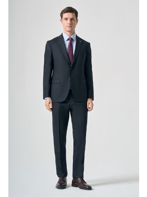 İmza Lacivert Mono Yaka Çizgili 6 Drop Comfort Fit Tam Astar Yünlü Takım Elbise 1001265156