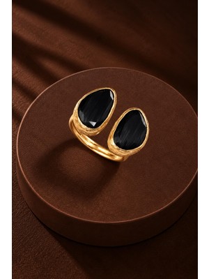 New Obsessions Kedi Gözü Fasulye Şeklinde Çift Halka Yüzük- 10X14MM