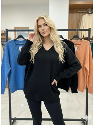 Kadın V Yaka Oversize Basic Kare Desenli Fitilli  Triko Kazak - 6542