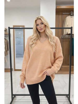 Kadın V Yaka Oversize Basic Kare Desenli Fitilli  Triko Kazak - 6542