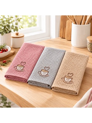 Denissly Kahve Fincanı Nakışlı Waffle Mutfak Havlusu 3’lü Set