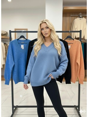 Kadın V Yaka Oversize Basic Kare Desenli Fitilli  Triko Kazak - 6542