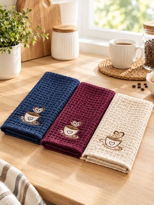Denissly Kahve Fincanı Nakışlı Waffle Mutfak Havlusu 3’lü Set