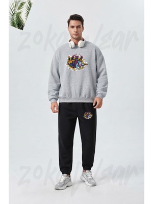 Zoka Wear Rock And Roll Kopek Kedi Tasarim Baskılı Gri Siyah Eşofman Takımı
