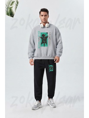 Zoka Wear Siyah Tasarim Tshirt GSC-516 Baskılı Gri Siyah Eşofman Takımı