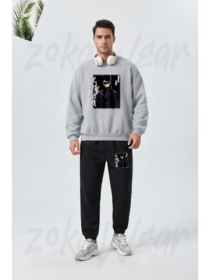 Zoka Wear Jujutsu Kaisen Satoru Gojo Anime Karakte Baskılı Gri Siyah Eşofman Takımı
