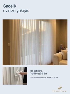 Demor Home Salon Için Düz Tül Perde, Sık Pileli, Dikilmiş ve Ütülü