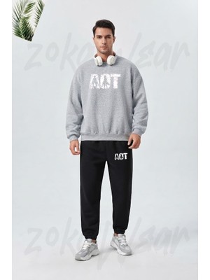 Zoka Wear Attack On Titan Eren ve Mikasa Anime Kara Attack On Titan Levi Mikasa Baskılı Gri Siyah Eşofman Takımı
