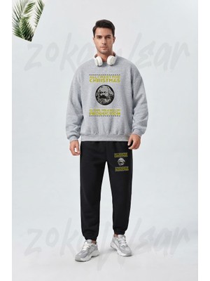 Zoka Wear Karl Marx Ugly Christmas Sweater All I Want For Christmas Baskılı Gri Siyah Eşofman Takımı