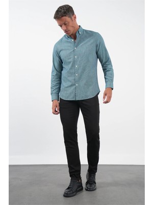 İmza Yeşil Düğmeli Yaka Uzun Kol Slim Fit Pamuklu Gömlek 1004260237